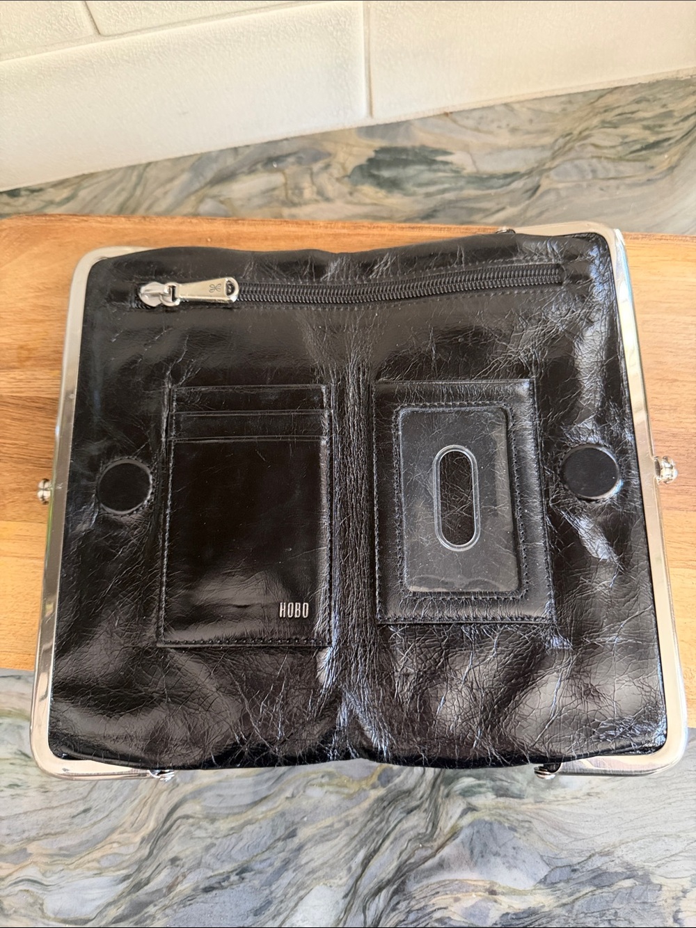 HOBO Black Leather Wallet with Card ID Window and Zip Pocket